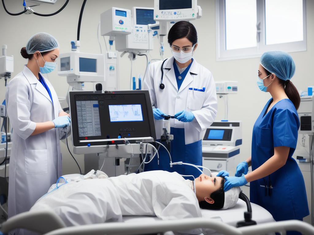 Clinicians in a surgical suite working with anesthesia and patient monitoring equipment