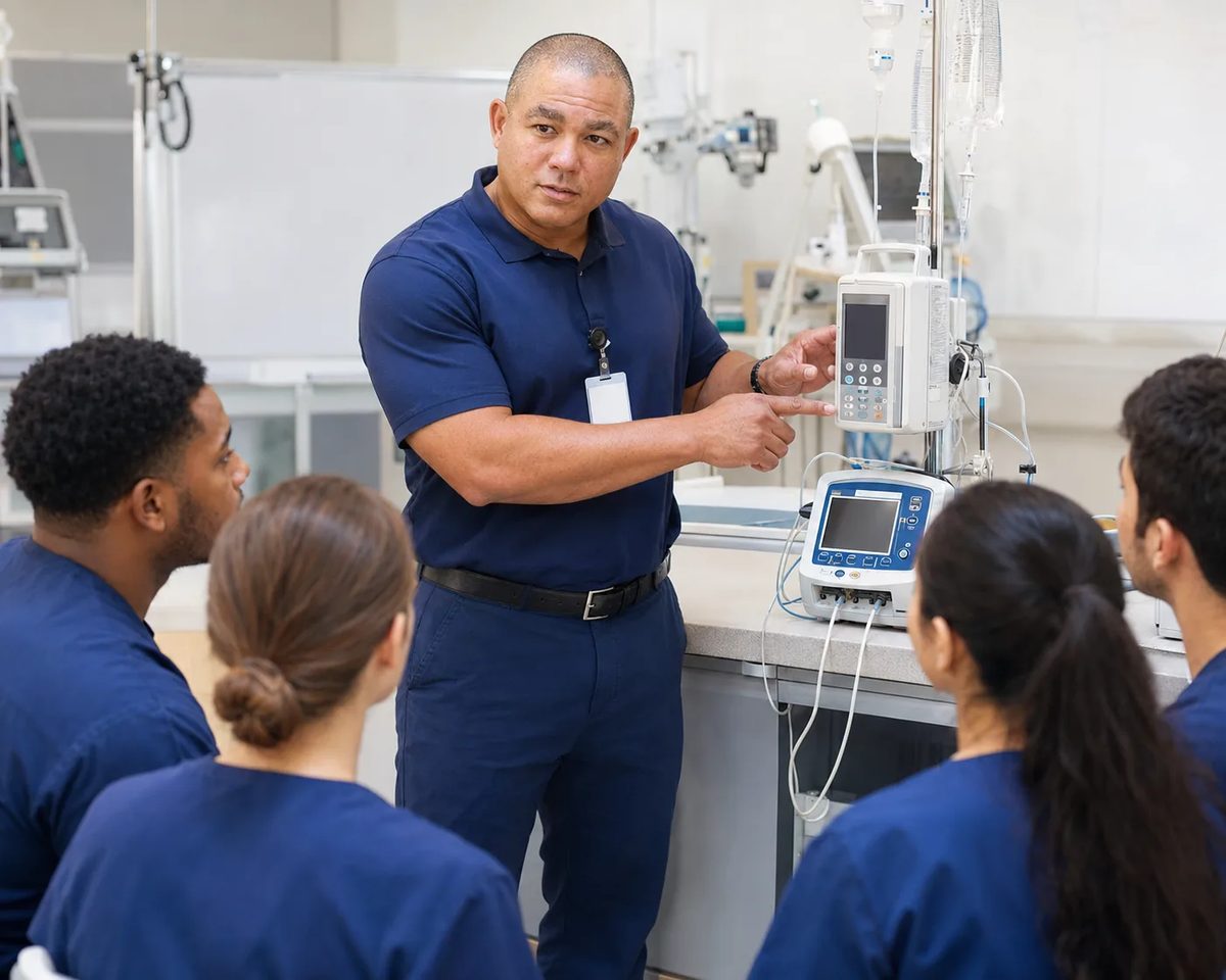 Biomedical equipment technician pointing out controls on an infusion pump while in-servicing four clinical staff