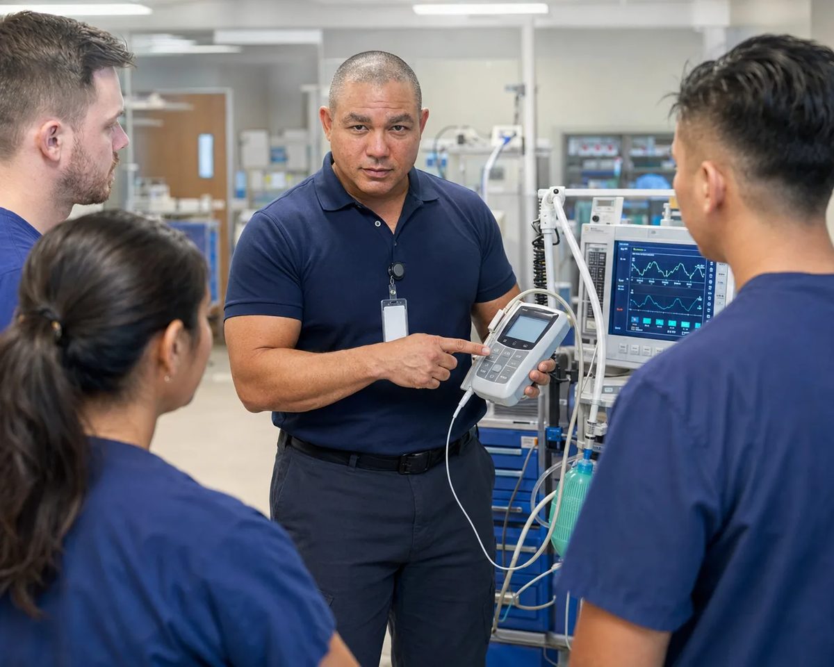 Biomedical equipment technician demonstrating a handheld ventilator gas-flow analyser to three trainees beside a ventilator